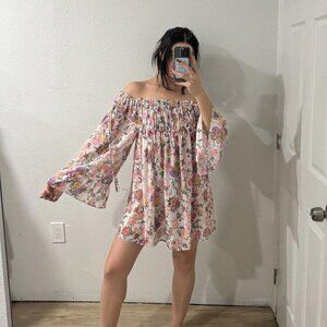 Womens Tularosa‎ Off Shoulder Top Dress Tunic Floral Long Pouf Sleeves M 1627